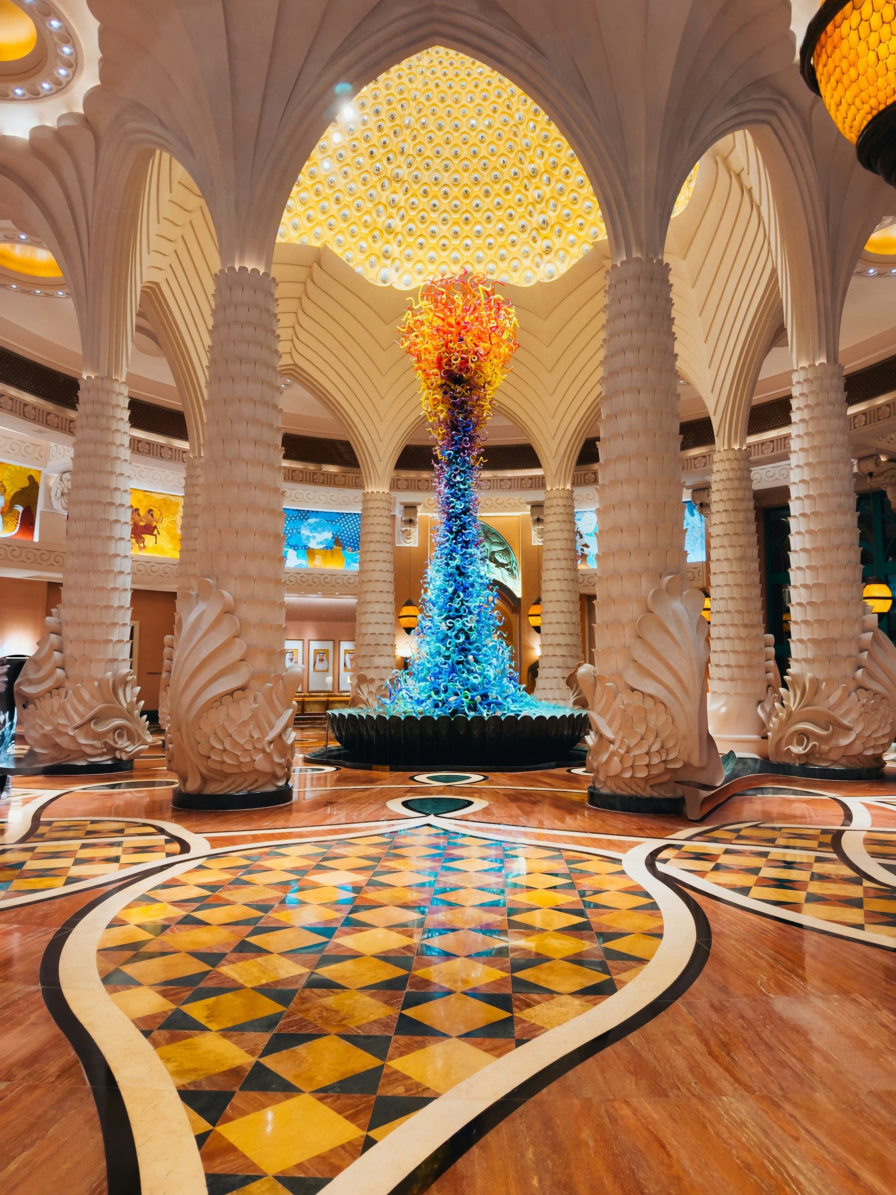 Grand hotel lobby with ornate columns