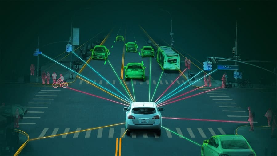 A visualization of an autonomous vehicle reading a city intersection, with every detected vehicle, pedestrian and cyclist outlined and a ray drawn from the car to each one