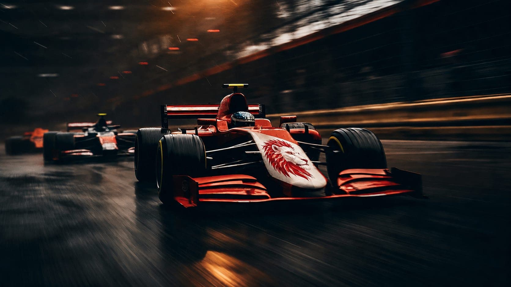 A Formula One race car in the Dawon livery, moving at speed on a wet night track.