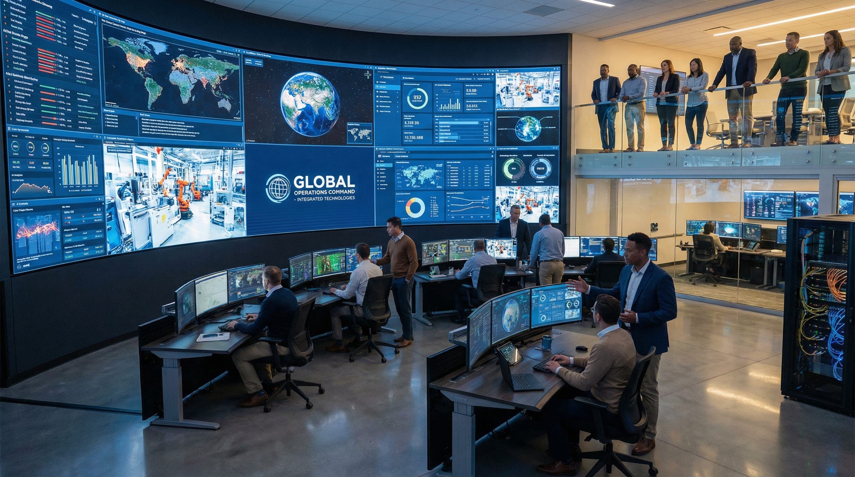 A global operations command center: analysts at multi monitor workstations below a curved video wall showing world maps, dashboards, and live camera feeds, with colleagues observing from an upper mezzanine.