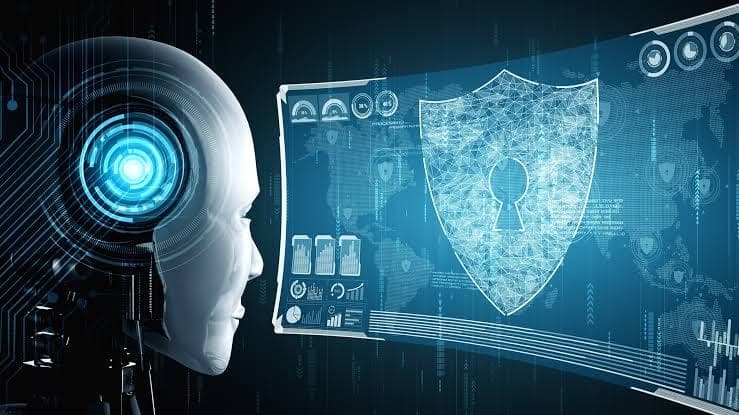 A humanoid robot facing a digital security shield displayed on a translucent screen.
