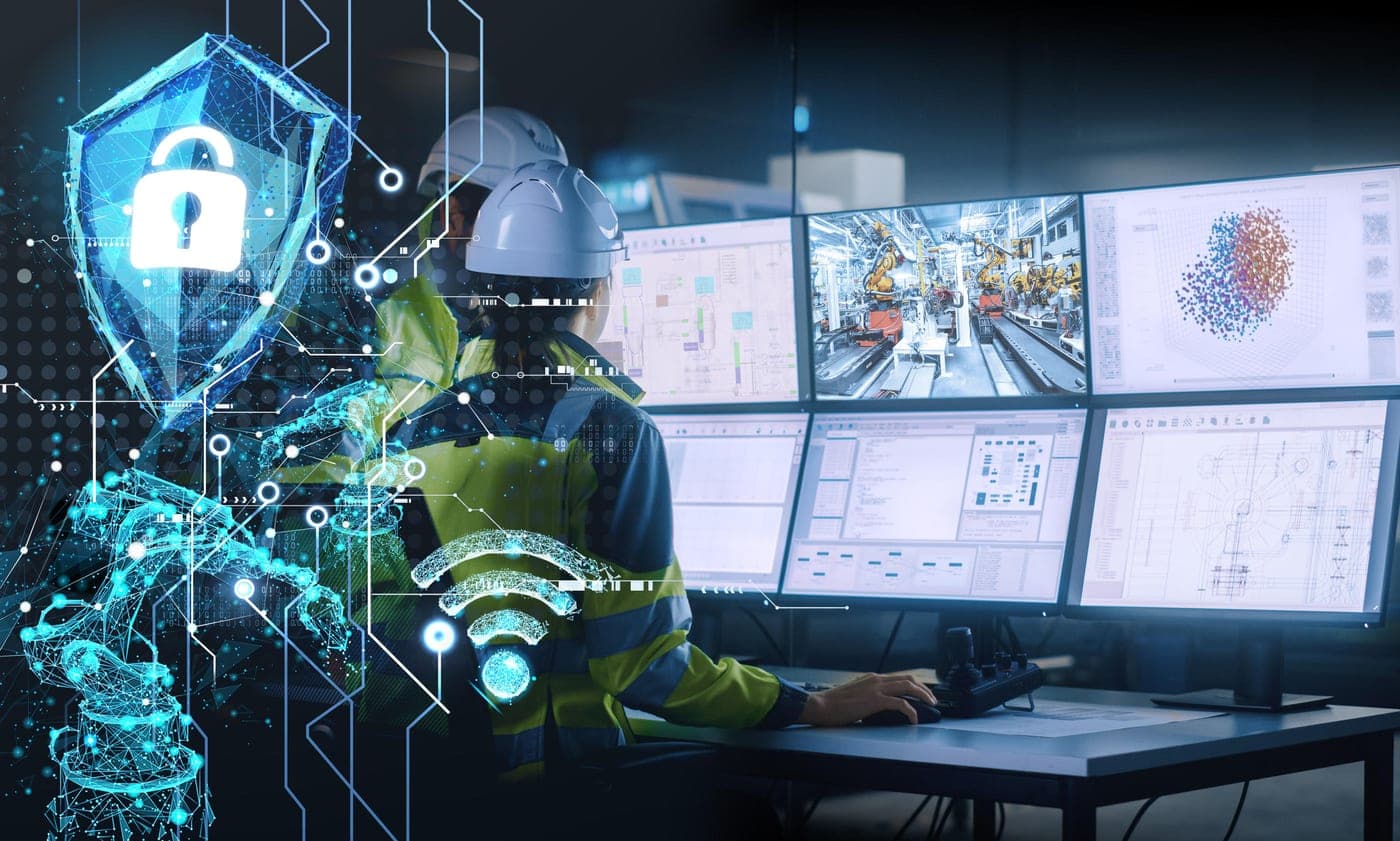 An engineer at an industrial control room workstation, overlaid with a digital shield and padlock icon.