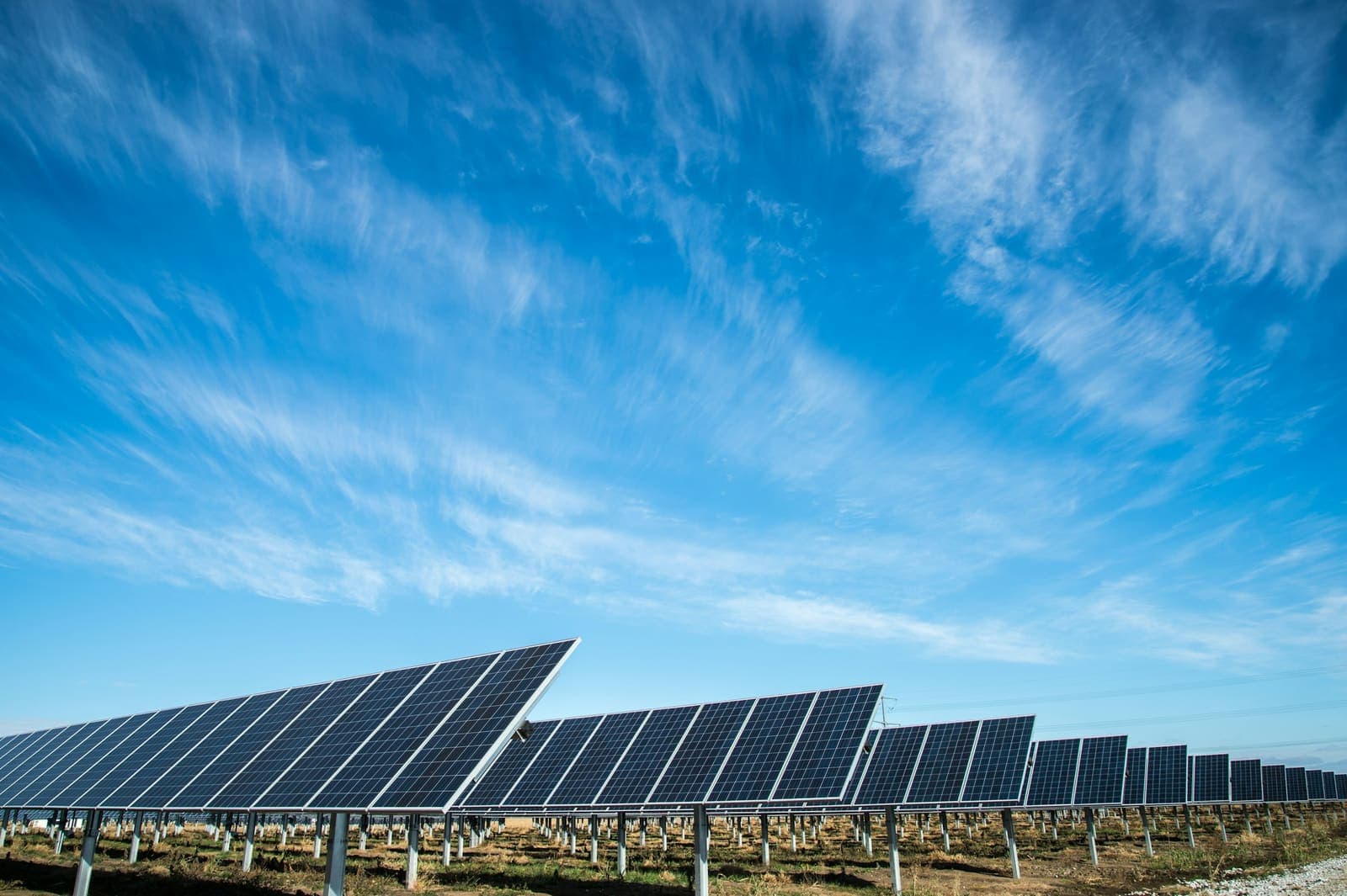 Rows of tracking solar panels across a utility scale photovoltaic site
