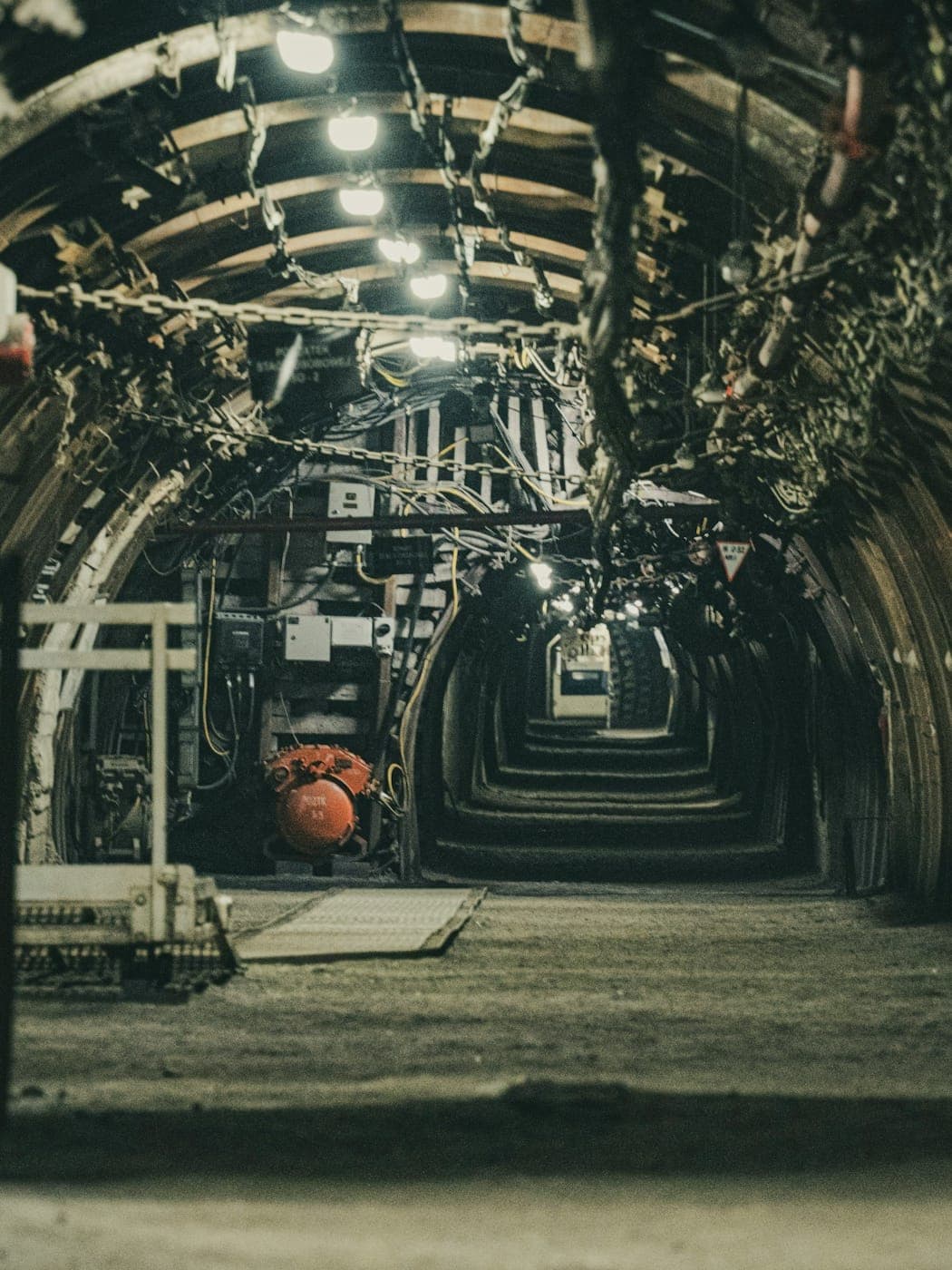 Underground mine drift with steel arch supports, cable trays and a control cabinet, with a vehicle standing further down the heading